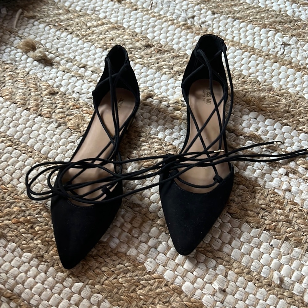 New Black Suede Stringy Flats, Size 8